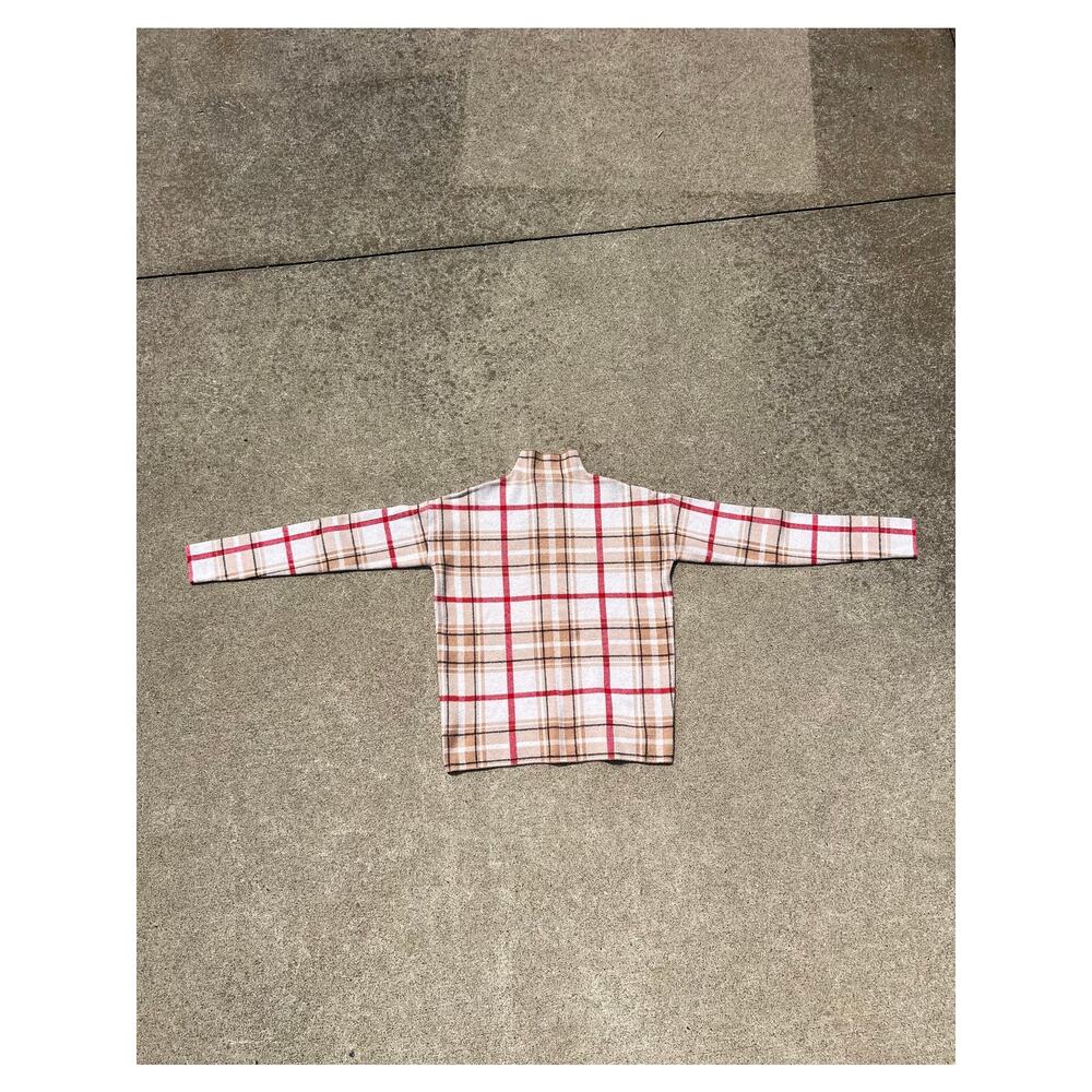 Tahari XS Plaid Knit Sweater Mock Neck Red Brown‎ Cream Classic Office Wear